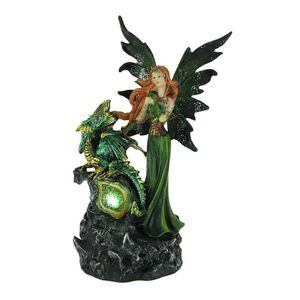 Emerald Green Fairy And Dragon LED Lighted Geode Statue
